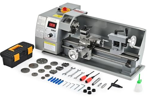 CREWORKS 600 W Mini Torno de Metal, 210x350 mm Torno para Metal de Sobremesa con Pantalla Digital, Máquina de Torno de Metal con Máx. Velocidad 2250 RPM, Torno para Metal para Roscar, Tornear