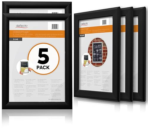 Deflecto A3 Snap Frame Black Pack of 5, Aluminium Clip Frame Wall Display | Front opening aluminium picture frame for posters, certificates and photos. Wall mount display for home, office or retail.