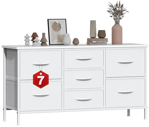 GoaHi Chest of Drawers, Small Dressers with Metal Frame and MDF Wooden Top Board, Adjustable Feet, Anti-Tip Safety, Storage Unit with 7 Drawers for Bedroom, Living Room, Closet, Office White