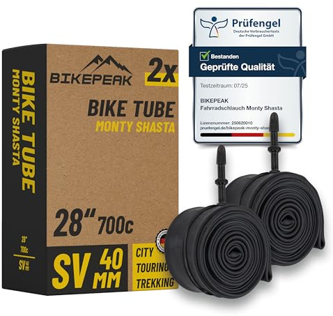 BikePeak 2X Fahrradschlauch Trekking 28 Zoll mit schwarzem Sclaverandventil 40mm - Schlauch SV Presta Ventil, ETRTO 28/47-622/635, 700C - 2er Set Schläuche Monty Shasta