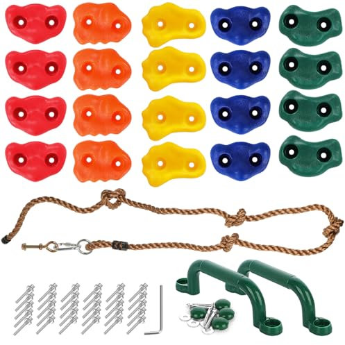 CIOXSOIO 20 Stück Klettergriffe Kinder Outdoor - Klettersteine | Kletterwand Griffe Für Spielturm, mit 2 Griffen und 270 cm Kletterseil, Rock Wall Climbing Holds für Spielplatz Spielset Zubehör Set