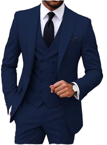 MoranX Men's Suits Regular Fit 3 Pieces Double Breasted Formal Business Tuxedos Blazer Vest Pants for Wedding Grooms(Navy,Medium)