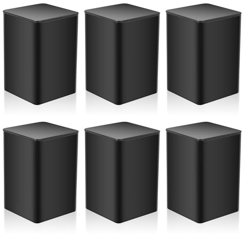 6 Pcs Black Tea Coffee Sugar Canisters Set Black Tea Coffee Sugar Jars with Lids, Square Metal Storage Jars & Canisters Tins for Kitchen Teas Coffees Sugars Caddy Container Tins(3.35 x 3.35 x 5)