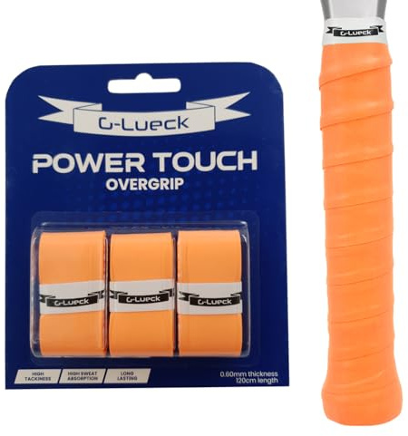 G-Lueck Lot de 3 surgrip Tennis Power Touch Overgrip (très adhérent et Durable) - 0,60 mm d'épaisseur - pour Padel, Badminton, Squash - avec Bande de Finition autocollante - Antidérapantes (Orange)