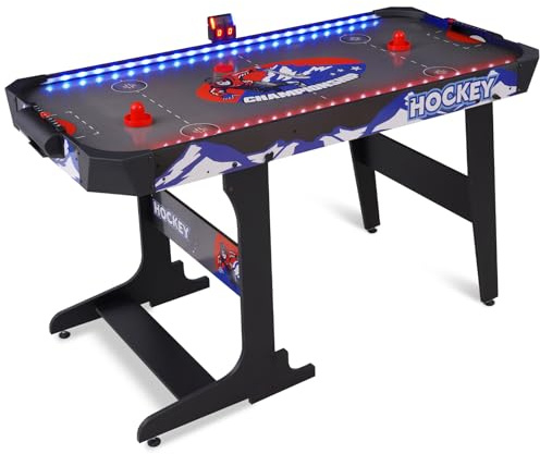 57 LED Light-Up Air Hockey Table, Foldable Arcade Style Air Hockey Game Set w/Accurate Electronic Scoring, in Line Power Switch, Powerful Motor for Kids Adults Home Game Room (Gray Playfield)