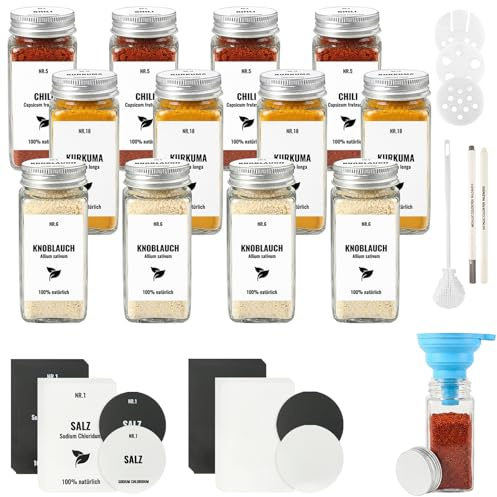 JAECU 12 st kryddburkar fyrkantiga med aluminiumlock, 120 ml glasbehållare med ströinsats, lufttäta kryddburkar inkl. tratt, permanent markör, borste och etiketter (vit)