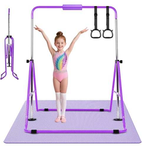 Rebonique Gymnastics Bar, Foldable Horizontal Bars for Kids, Adjustable Height Training Kip Bar for Home, Expandable Gymnastics Equipment with Rings & Mat (Purple)