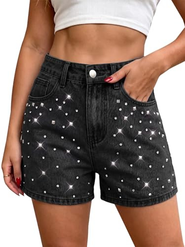 Aunribor Short en Jean Décontracté Femme à Strass Scintillants Regular Fit | Mi-haute taille, Décoré de clous irréguliers et strass scintillants, avec poches, Shorts en denim d'été