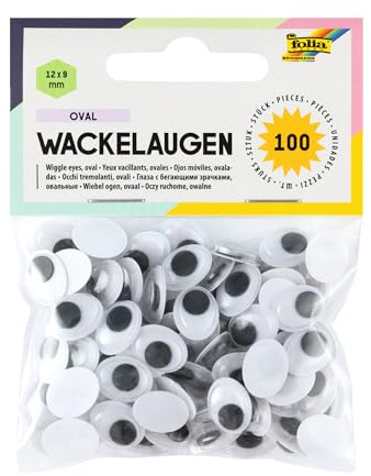folia 751209 – vickande ögon med rörlig pupill, vit, oval ca 12 x 9 mm, 100 stycken – perfekt för att pyssla figurer och djur