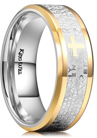 King Will 8mm Gold Side Silver Stainless Steel Ring Lord's Prayer Ring Cross Wedding Band rings High Polished 9