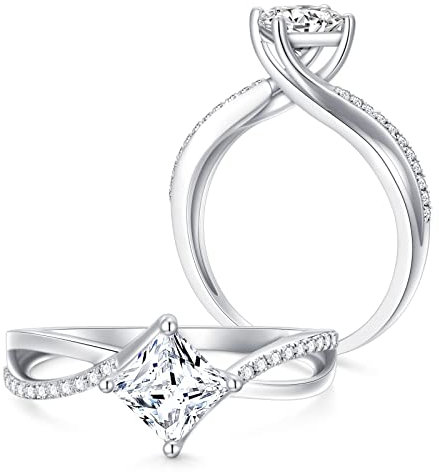 Molioaki Anillo de compromiso para mujer de oro blanco de 9 quilates (375), anillo de diamante de corte brillante 5A, anillo de oro blanco de 1,15 quilates para mujer con circonita, Circonita,