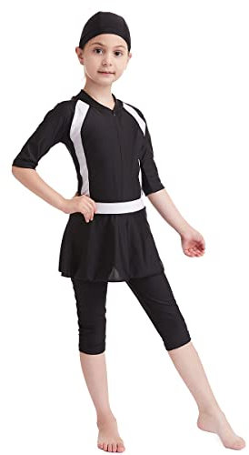 Bescheidene Muslimische Bademode für Mädchen UPF 50+ UV Islamischer Hijab Burkini Halber Ärmel Einteiliger Rash Guard Badeanzug mit Rock Badekappe 3-teiliger Schwimmanzug