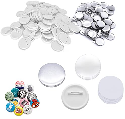 PEALOV Blanko-Anstecknadel-Teile, 200 Sets 32 mm, blanko Abzeichenherstellungszubehör, runder Metallknopf, inklusive Metallabdeckung, Kunststoffknopf-Rückseite, transparente Folie und blanko Papier