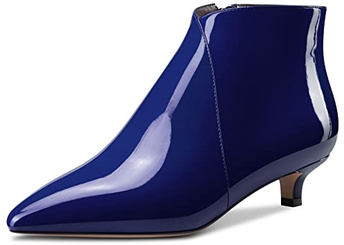Aachcol Mujer Botines Puntiaguada Punta Bajos Gatito Heel Charol Cremallera Dress Zapatos Azul marino 3.5 CM 38 EU