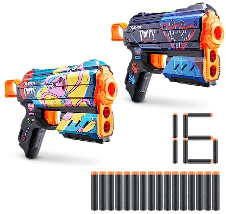 X-Shot Skins Flux Blaster - Poppy Playtime 2 Pack de ZURU con 16 Dardos, Recarga fácil, tecnología Air Pocket Dart, Pistola de Espuma de Juguete para niños, Adolescentes y Adultos