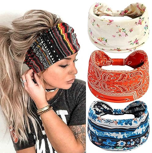 scicent 3 Stück Haarbänder Damen Boho Stirnband Breite Elastische Knot Stirnbänder Yoga Sport Haarband, 14211
