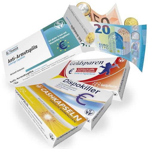 DONUM IDEA | Geld Geschenkverpackung für Geburtstag | Witzige Geschenkverpackung für Geld und Gutscheine | 4er Set für Weihnachten und Konfirmation| Lustige Verpackung im Medizin-Stil | Geschenkidee