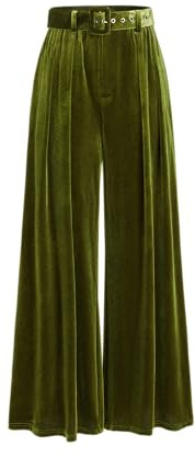 CIDER Velvet Mid Waist Pocket Wide Leg Trousers with Belt: Green, XL