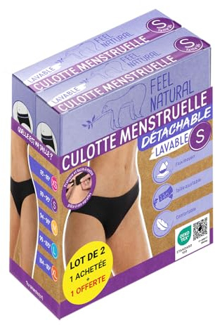 Feel Natural - Pack 2 Culottes Menstruelles Détachables - Lavable et Anti Fuite - Confort Hygiénique Femme, Protection Absorbante - Flux Moyens, Sous Vêtement Femmes Noir - Taille S