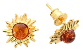 Artisan Jewellery Boucles d'oreilles en ambre et argent sterling 925/000 plaqué or Motif soleil, Durchmesser 1,1 cm, Ambre de la Baltique Argent sterling 925/000 plaqué or, Ambre