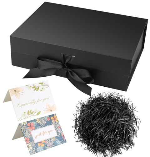 Christmas Luxury black gift box with ribbon, premium magnetic lid, large rectangular design. Ideal for birthdays and special occasions, includes shredded paper and cards for presentation.