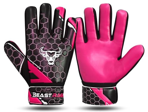 BEAST RAGE Football Goalkeeper Gloves for Boys Kids Youth,Soccer Goalie Gloves with Strong Grip for The Toughest Saves,Wrist Support 4MM Latex Palm (Pink, Size 5 suitable for 9 to 12 Years old)