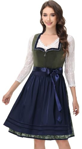 ELFIN Damen Midi Dirndl, Elegante Trachtenkleid, Samt Damen Dirndlkleid mit Plissee Schürze, Perfekt für Oktoberfest, Dickgrün, 40