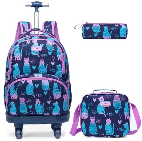 Egchescebo Kids Rolling Backpack for Girls Cats Suitcases Trolley Roller Luggage Backpacks with 360° Rotating Wheels Laptop Lunch Box Pencil Case for Elementary 18 Travel School Bag Gradient Colors
