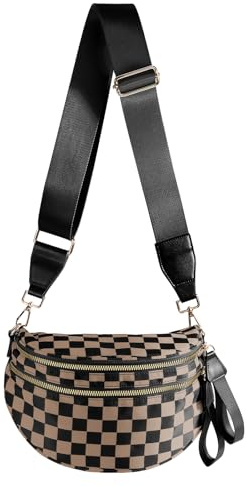 Black and White Checkered Crossbody Bum Bag for Women,Spacious Checkered Purse Fanny Packs Belt Bag Sling Bag with Shoulder Strap (khaki Checkered)