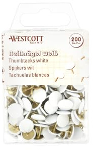 Westcott E-10590 00 - Puntine da disegno, 200 pezzi, con rivestimento in plastica, diametro testa 10 mm, colore: Bianco