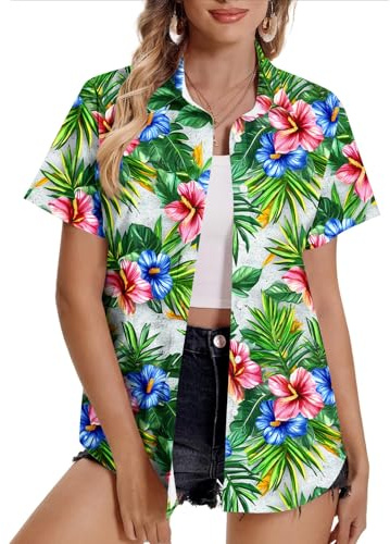 Women Hawaiian Shirts Plus Size Soft Cool Floral Tropic Print Hawaii Shirt V Neck Short Sleeve Button Down Oversized T-Shirt Summer Beach Vacation Outfits Blouse Tunic Tops Ladies UK Sale