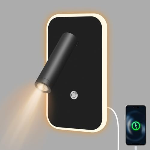 Lampada da Parete a LED per Interni, Lampada da Lettura a LED da Comodino con Interruttore, porta di ricarica USB, TYPE C, Lampada da Parete orientabile a 350°, Lampada da Lettura da Comodino