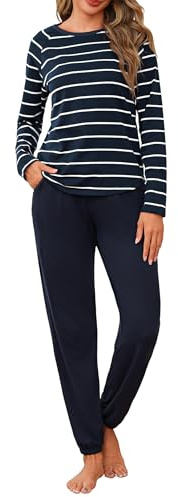 Uniexcosm Pigiama da Donna Girocollo in Cotone Taglie Forti Pigiama in Due Pezzi a Maniche Lunghe Stampato Pigiama Lungo con Tasche