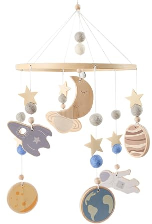 Holdes Mobile Pour Lit Bébé | Décor En Bois Pour Chambre Bébé,Mobile Musical Tournant À 360 Degrés Avec Motif Planète Et Fusée Pour Nuit Voyage Et Literie