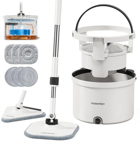 HoMettler Mop and Bucket Set, Spin Mop and Detachable Inner Mop Bucket with Separate Dirty/Clean Water System, Self-Wringing Square Mops for Floor/Wall Cleaning with 6 Microfiber Pads