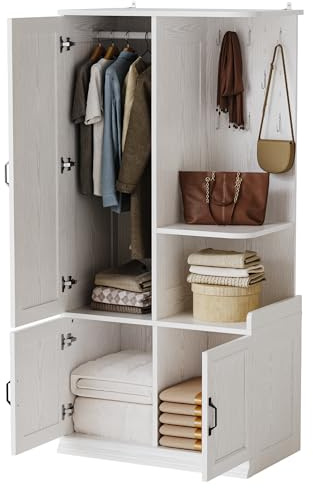 LIKIMIO Armoire Wardrobe Closet, 70 H Wooden Bedroom Armoire with Mirror, 2 Cabinet, Pegboard and a Open Shelf, Large Freestanding Clothing Storage Cabinet with 3 Doors, White