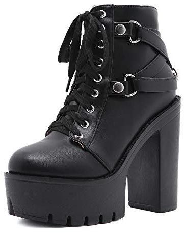 Botas Cordones De Tacón Alto con Plataforma para Mujer, Botines Fiesta Gótico con Correa Cruzada,Negro,40 EU