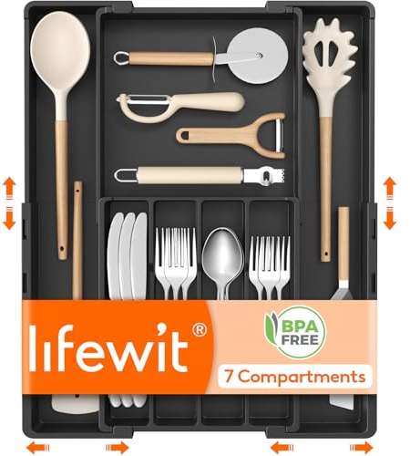 Lifewit Portaposate da Cassetto Espandibile, Porta Posate Regolabile in Plastica, Organizer Cucina per Forchette Coltelli e Cucchiai, con Flessibile da 4 a 7 Scomparti, Larghezza 22,5 a 36 cm, Nero