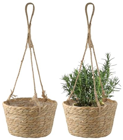 CHENGCKJ 2 Piezas Maceta Colgante de Junco Marino Maceta Colgante Bohemia de 20 cm Maceta Tejida a Mano Cesta Colgante Natural Cesta Colgante Natural para Plantas