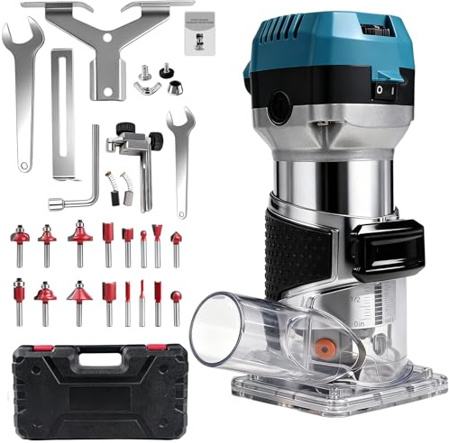 Holzfräse Oberfräse, 1000W Einhandfräse Kantenfräse Oberfräse Trimmer, 6 Variable Geschwindigkeite, Multifunktionsfräse mit 16 teiliges Fräser Set und Werkzeugtasche, Spannzange Ø 6.35 und 8 mm