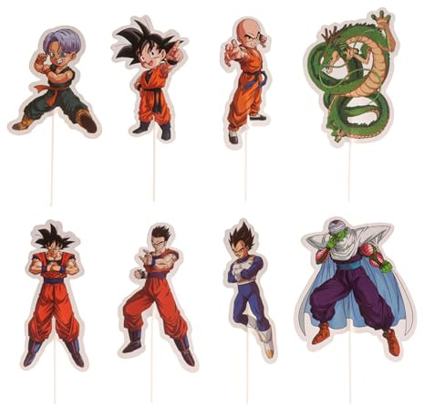 dekora - Cake Toppers Dragon Ball 16 pezzi – Decorazioni per cupcakes e torte, carta idonea al contatto alimentare, 8 design con Goku, Vegeta, Piccolo, Krillin, Trunks e Shenron