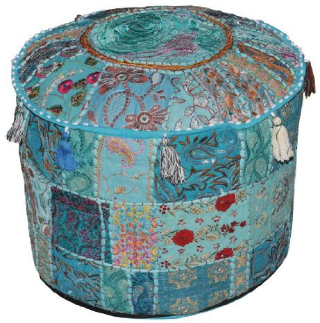 Marubhumi Indischer Sitzhocker, Vintage-Patchwork, verziert mit Patchwork-Bezug für Wohnzimmer, 46 x 33 cm