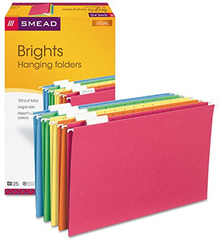 Smead Hanging File Folder with Tab, 1/5-Cut Adjustable, Legal Size, Assorted Primary Colors, 25 per Box (64159) (Pack of 1)