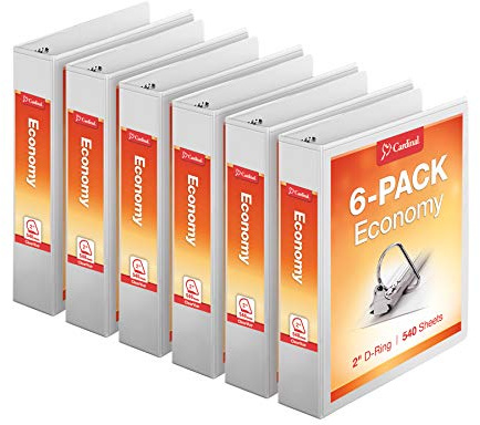 Cardinal 2 Inch Binders, 6 Pack, 3 Ring Binder, 2 inch 3 Ring Binder, D-Ring, Holds 540 Sheets, Non-Stick, PVC Free, Three Ring Binders for Organization and Presentations, White