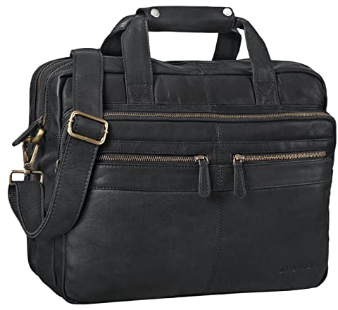 STILORD 'Explorer' Lehrertasche Leder Herren Damen Aktentasche Büro Schulter- oder Umhängetasche für Laptop mit Dreifachtrenner Echt Leder Vintage, Farbe:schwarz