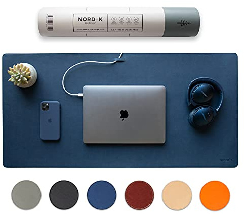 Nordik Leather Desk Mat Cable Organiser (Midnight Blue 89 X 43 cm) Premium Extended Mouse Mat for Home Office Accessories - Felt Vegan Large Leather Desk Pad Protector & Desk Blotter Pads Decor