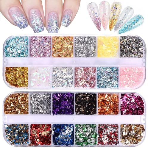 EBANKU 2 Boxes Nail Art Foil Flakes Nail Sequins Glitter Holographic Gold Silver Irregular Paillette, Colorful Confetti Mirror Effect Acrylic Flakes for DIY Nail Art Decoration