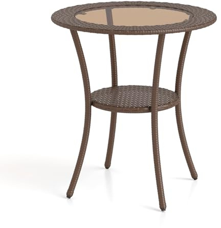 GIANTEX Mesa Redonda de 2 Niveles con Ratán PE Resistente a la Intemperie, Superficie en Vidrio Templado, Bistró de Interior e Exterior para Piscina Patio y Balcón,64 x 72 cm