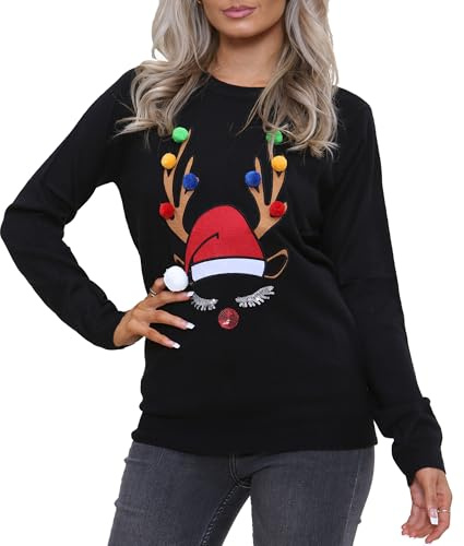 NOROZE Donna Maglione di Natale Buon Natale Regali Donne Elfo Pullover Lavorato a Maglia (42, Corno Nero)