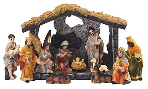 MACLARONX Set di 12 presepi natalizi con stalla di Gesù Nascita, 3 pastori magi, riorganizzabili, decorazione da tavolo per interni, casa, resina, dipinta a mano, da collezione